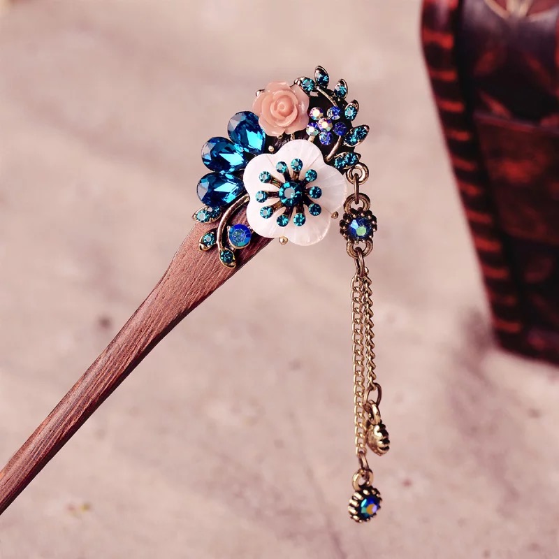 Resin Flower Wooden Hairstick with Colored Jewels Blue