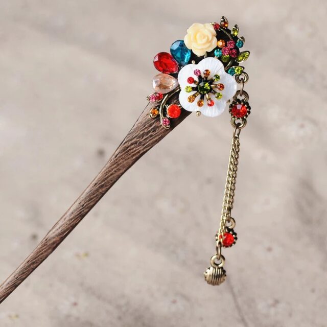 Multi Resin Flower Wooden Hairstick with Colored Jewels