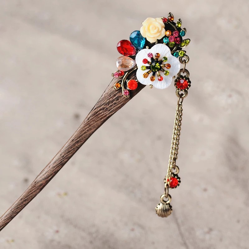 Resin Flower Wooden Hairstick with Colored Jewels Multi