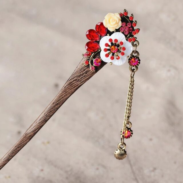 Red Resin Flower Wooden Hairstick with Colored Jewels