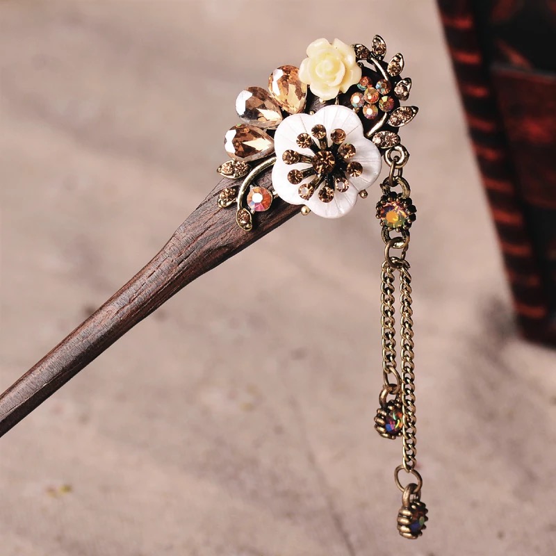 Resin Flower Wooden Hairstick with Colored Jewels Brown