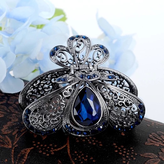 Jeweled Silver Metal Hair Claw Blue