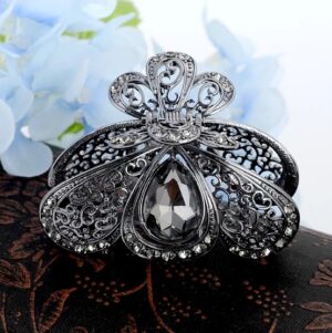 Gray Teardrop Rhinestone Metal Fancy Hair Claw Rounded