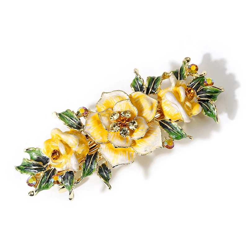Enameled Metal Painted Roses Barrette Large Yellow