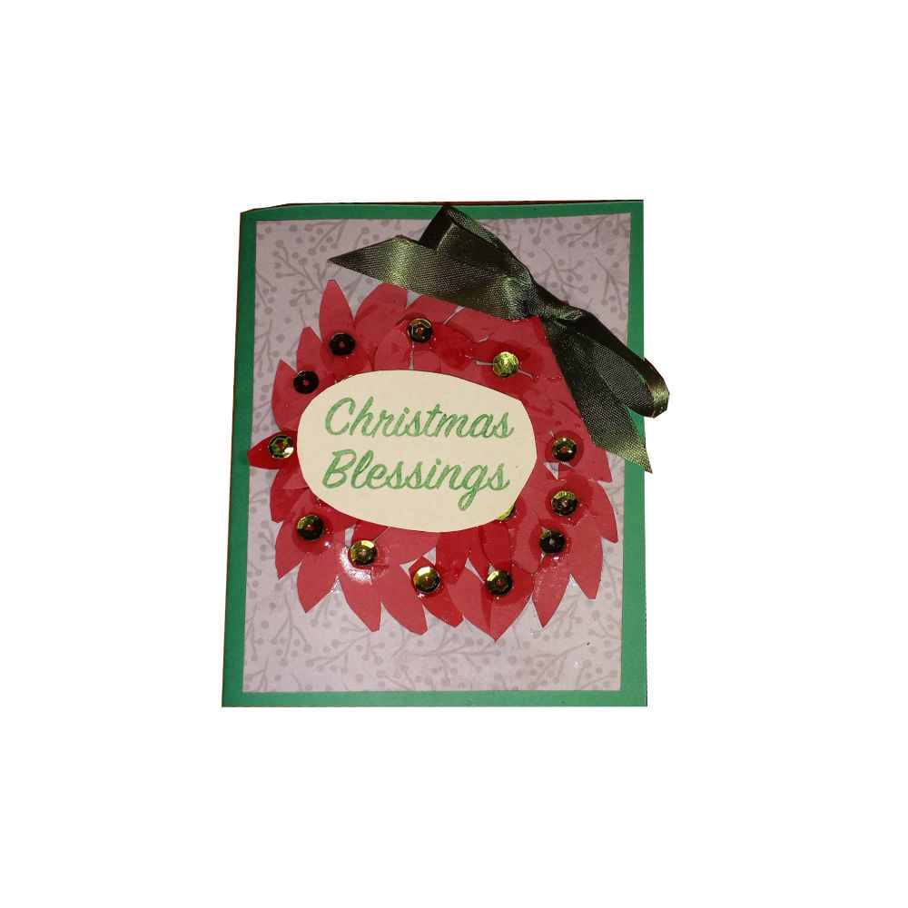 "Christmas Blessings" Wreath Handmade Card Red