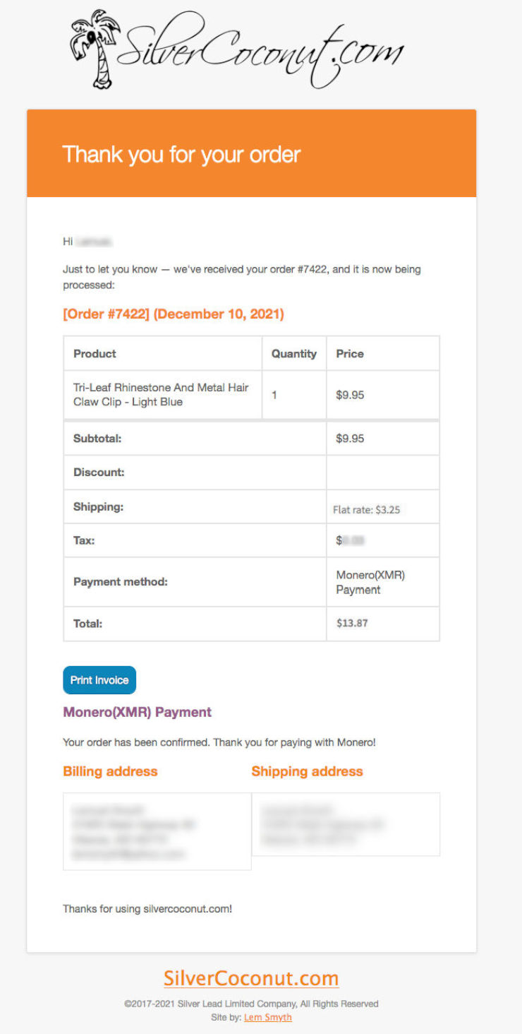 Order Payed by Monero Email Silver Coconut