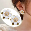 White Five Petal Enameled Metal Post Earrings - Image 7