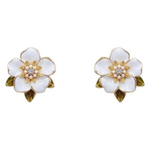 White Flower Enameled Metal Earrings