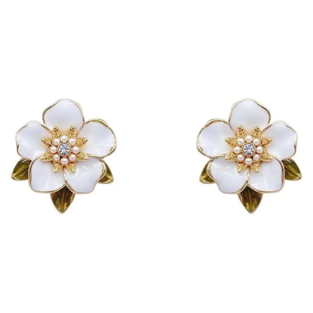 White Flower Enameled Metal Earrings
