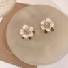 White Five Petal Enameled Metal Post Earrings - Image 2